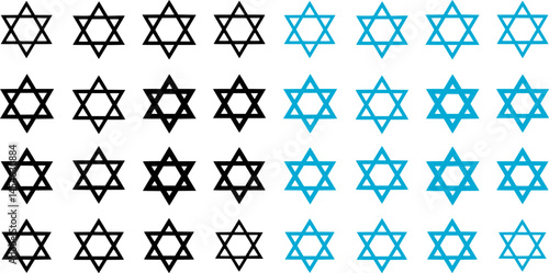 Six-pointed star icons. Collection of 16 hexagram symbols isolated on a white background. Star of David icons. Vector illustration
