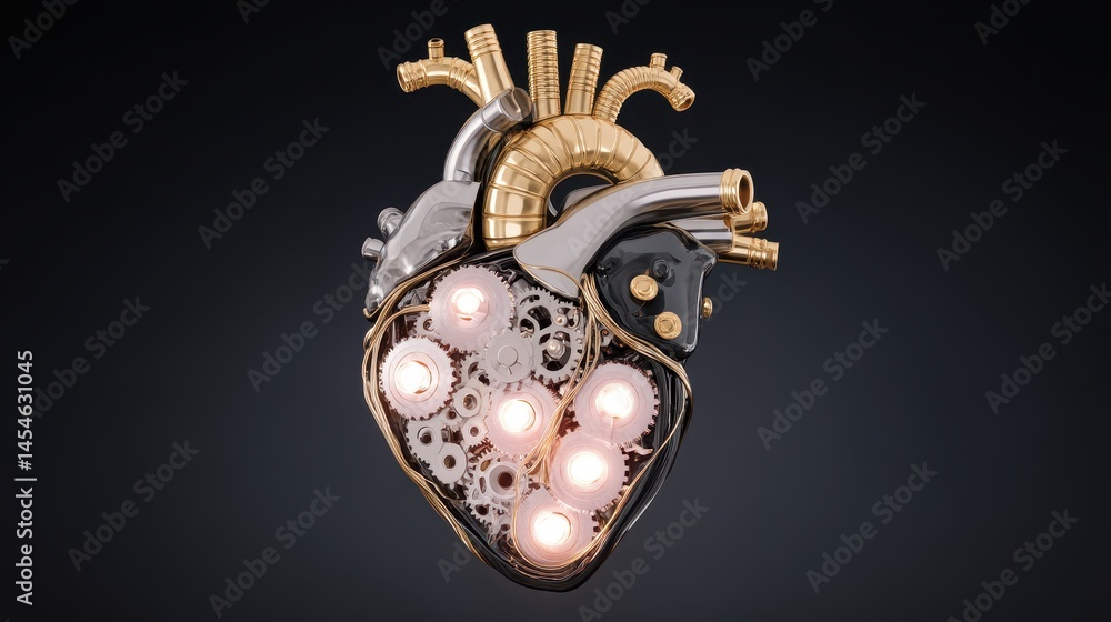 Naklejka premium A mechanical heart design with pipes and lights, symbolizing the fusion of technology and human emotion.