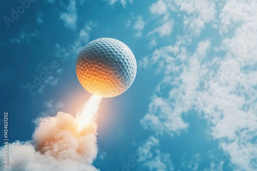Golf ball soaring skyward like a rocket, against a backdrop of blue sky and fluffy white clouds