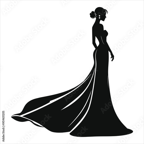 Vector Silhouette of a Woman in a Long Gown/A stylish black and white silhouette of a woman wearing a stunning, flowing gown.