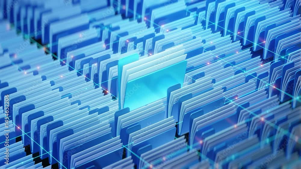 Glowing digital folders arranged in a virtual grid system represent modern document management, data organization, and cloud file storage.