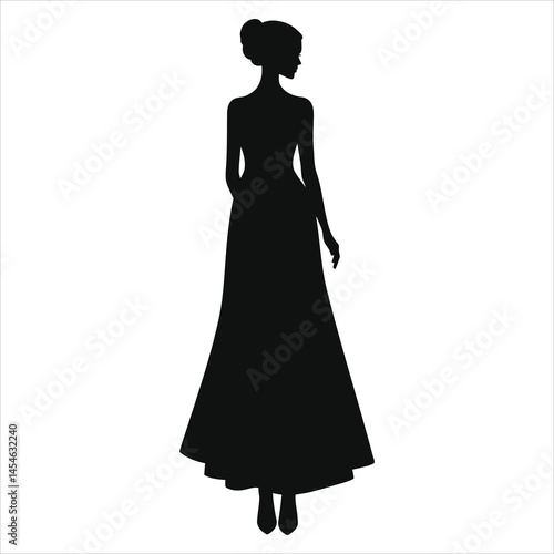 Vector Silhouette of a Woman in a Long Gown/A sophisticated silhouette of a woman wearing a floor-length gown.