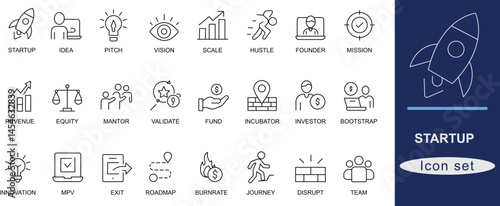 Startup icon set. Modern line art startup icons covering innovation, launch, pitch, funding, growth, and success. Perfect for UI, apps, websites, and digital branding.