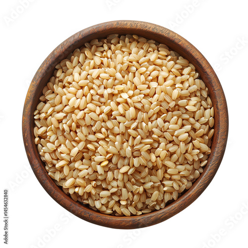 A close-up view of a bowl filled with raw brown rice, showcasing their natural texture and color isolated on white background and transparent background