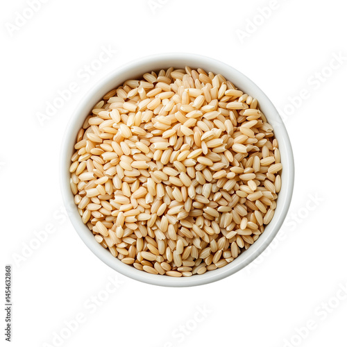 A close-up of a bowl filled with uncooked brown rice grains, showcasing their natural texture and color isolated on white background and transparent background