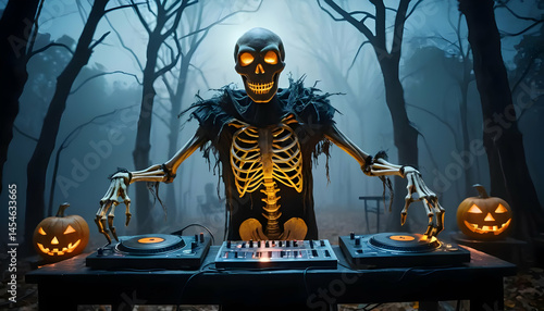 Skeleton DJ Halloween Party Spooky Sounds in a Haunted Forest