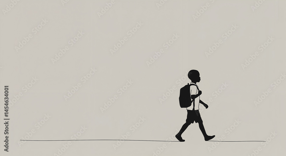 Obraz premium Silhouette of child walking with backpack for International Day of the African Child — for blogs, nonprofit campaigns and presentations