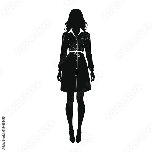 Stylish Woman Vector Silhouette in a Belted Shirt Dress/A sophisticated silhouette of a woman wearing a belted shirt dress.