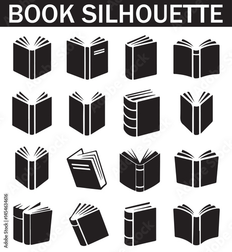 Collection of various black and white book silhouette icons featuring different angles, open and closed views, spine designs, and page orientations for design use.