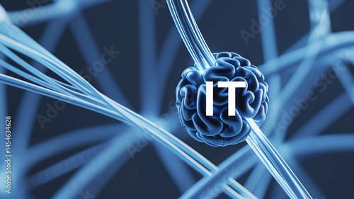 Brain with IT text, network cables, and information technology.