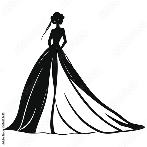 Vector Silhouette of a Woman in a Ball Gown/A sophisticated black and white silhouette of a woman wearing a full-length ball gown.