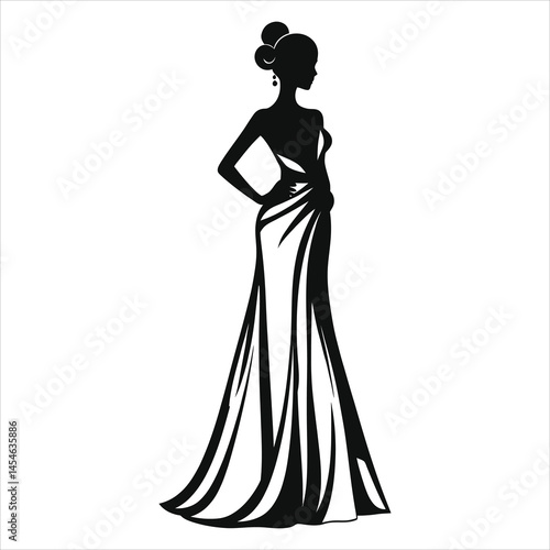 Silhouette Illustration of a Woman in a Formal Gown/A sophisticated black and white silhouette of a woman wearing a flowing, formal gown.