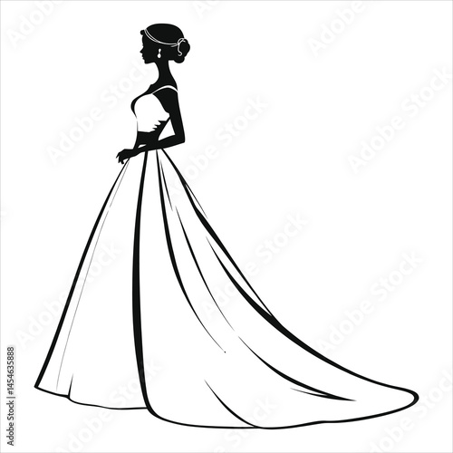 Elegant Black and White Vector Silhouette of a Bride in a Ball Gown/A sophisticated silhouette of a bride in a stunning ball gown.