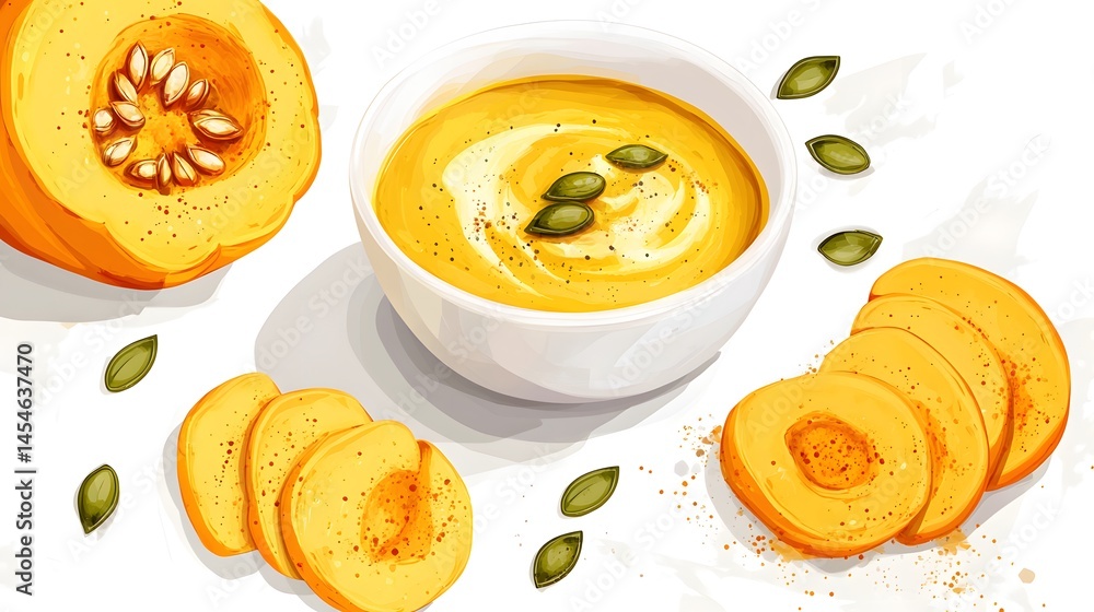 Colorful illustration of pumpkin soup and slices. Colorful illustration of pumpkin soup and slices.