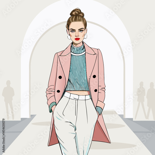 Fashion runway illustration featuring a stylish model in a pink coat for fashion design and trends