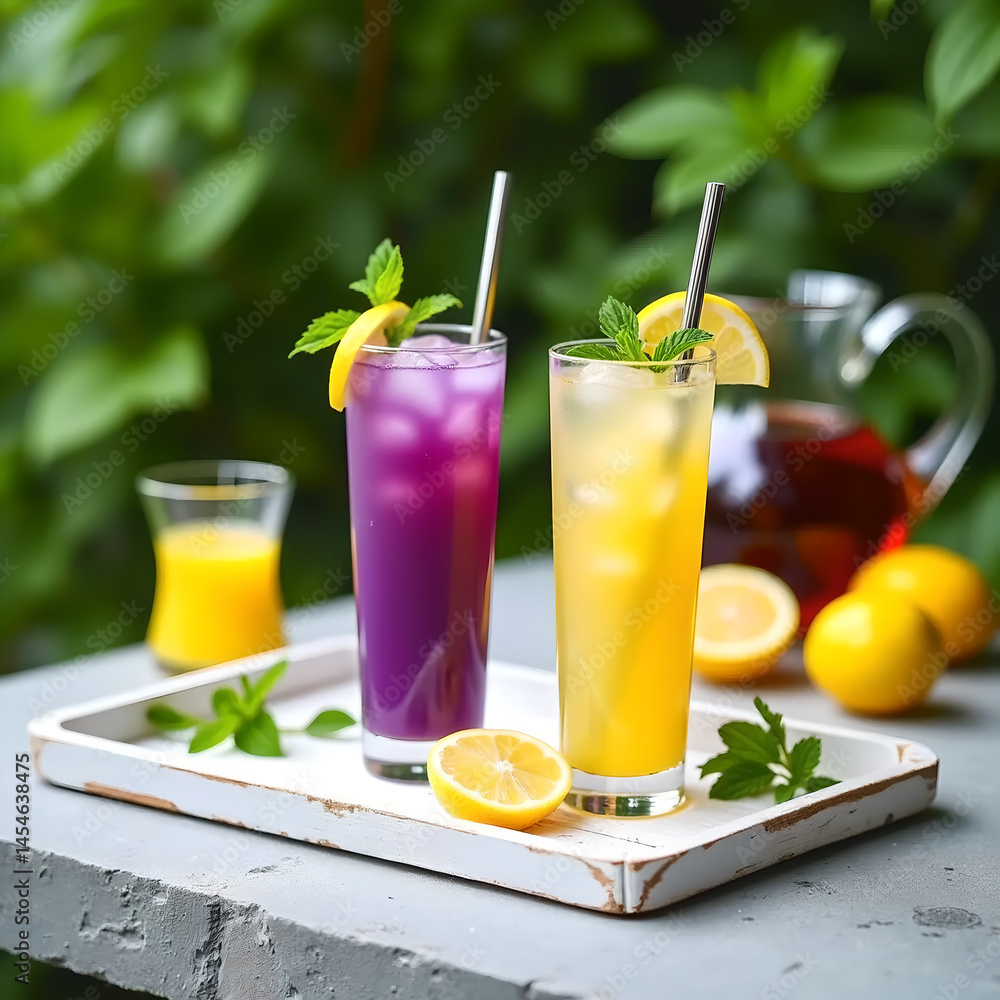 Butterfly Pea Flower Tea Lemonade – Blue and Violet Drink on Light Gray Background Butterfly Pea Flower Tea Lemonade – Blue and Violet Drink on Light Gray Background