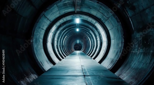 Tunnel vision: A long concrete tunnel with repeating circular structures and illuminated by lights in the distance.