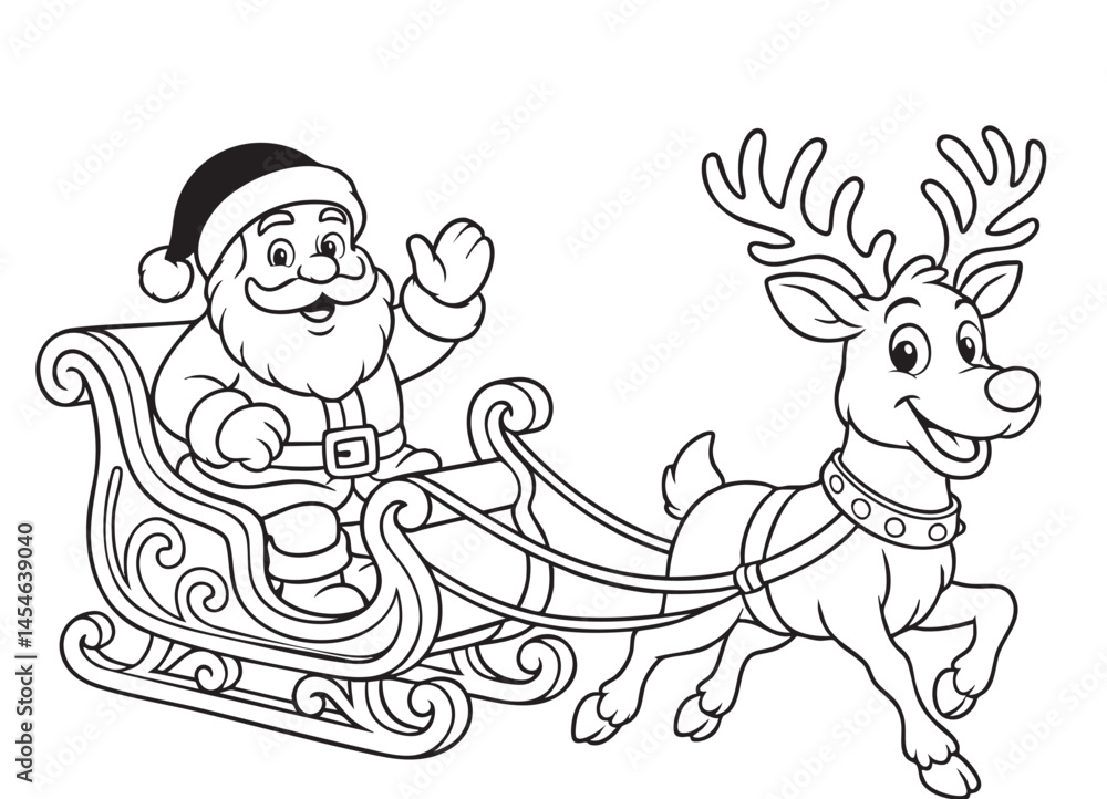 Fototapeta premium Santa Claus in Sleigh with Reindeer Vector Christmas Illustration