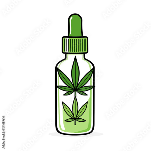 Cannabis Oil Dropper Bottle: A simple, vector illustration of a glass dropper bottle filled with green liquid. The bottle is decorated with three cannabis leaf icons. Perfect for medical cannabis.