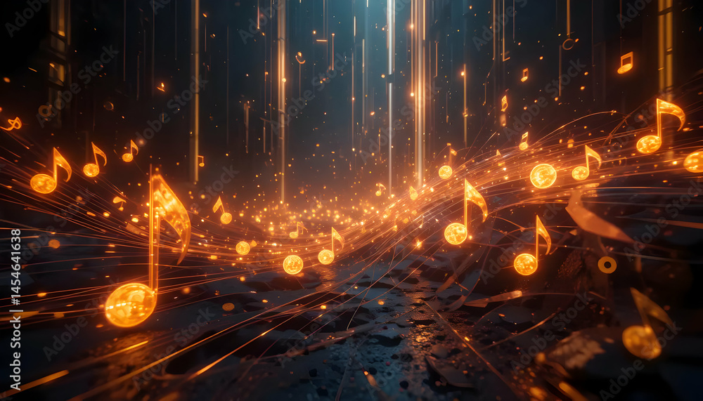 Fototapeta premium Abstract Digital Art Glowing Musical Notes Falling Through a Dark, Mystical Landscape