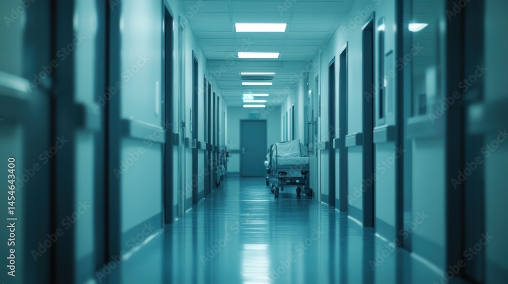 Quiet Clinic Corridor with Blurred Doors and Faint Medical Sounds Quiet Clinic Corridor with Blurred Doors and Faint Medical Sounds