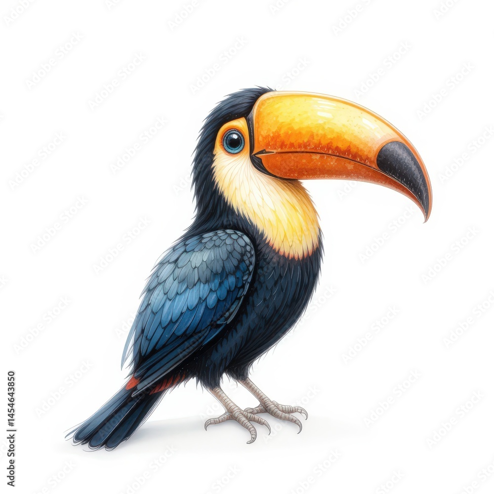 Fototapeta premium Colorful Toucan Perched Against a White Background, Showcasing Its Vibrant Beak and Feathers