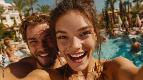 Wallpaper Mural Couple selfie poolside, joyful smiles, sunny day Torontodigital.ca
