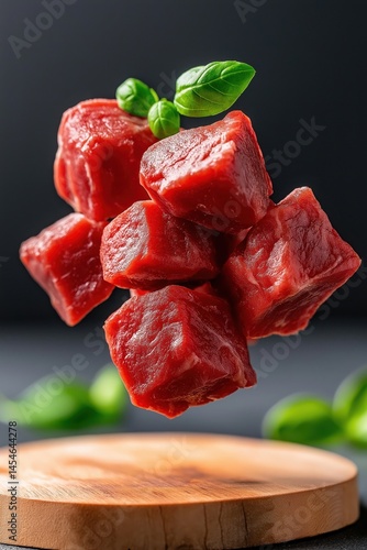 Suspended premium quality red meat chunks captured mid-flight above a wooden surface with fresh basil leaves