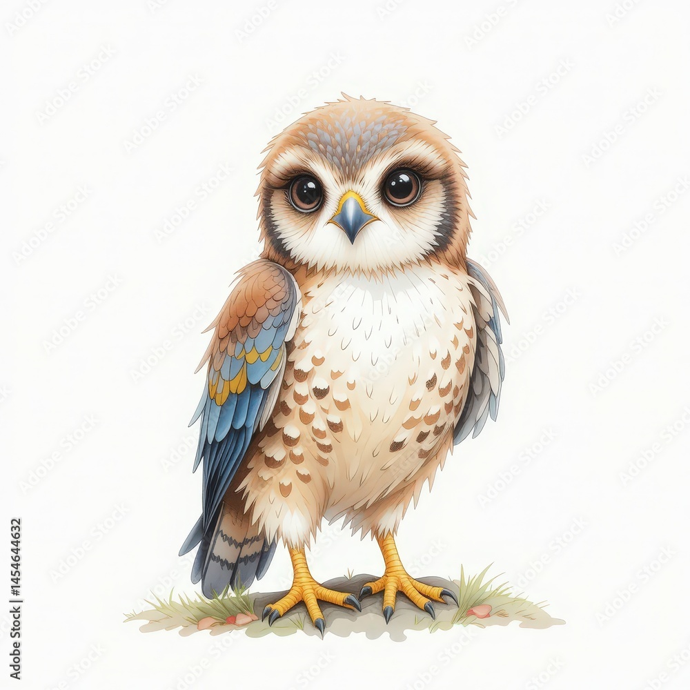Fototapeta premium Colorful and Whimsical Illustration of a Young Owl Standing on Grass