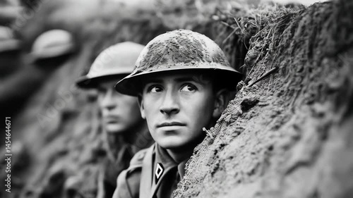 Soldiers in trench looking out, wearing helmets, black and white image, dramatic portrait, World War One, war time, historical, focused expressions