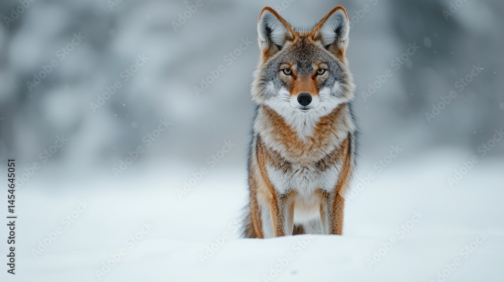 Coyote stands alert in snowy winter landscape Coyote stands alert in snowy winter landscape