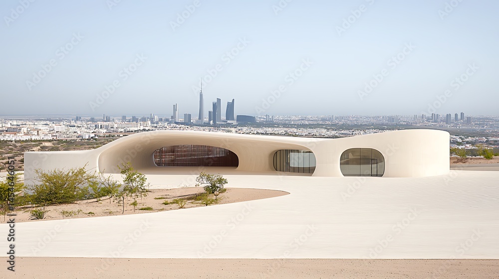 Modern architectural structure with sweeping curves, overlooking a city skyline Modern architectural structure with sweeping curves, overlooking a city skyline