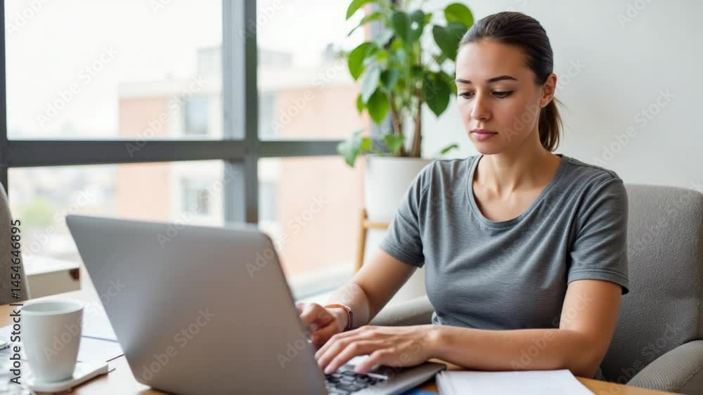 Professional woman working intently on laptop in modern office Professional woman working intently on laptop in modern office