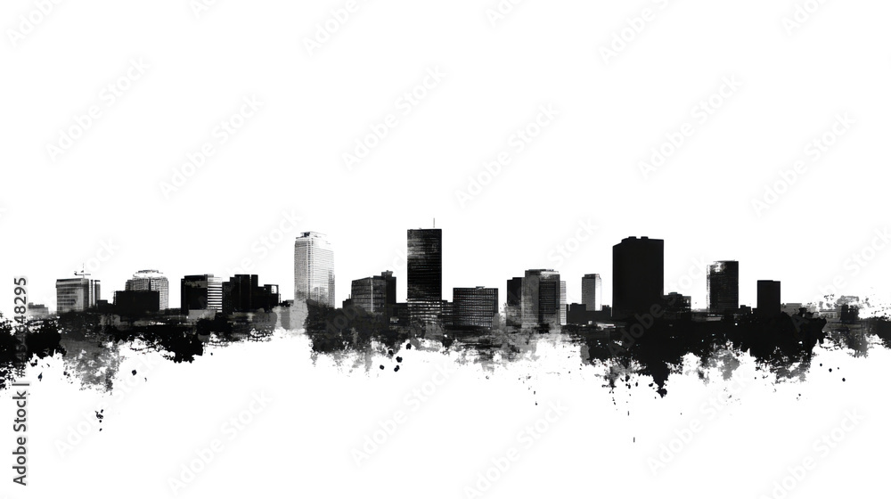 Naklejka premium City Skyline Wallpaper Isolated on White Background – Urban Silhouette Panorama for Architecture and Design Projects