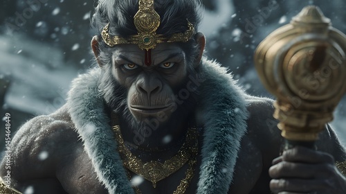 Ultra-Realistic Full-Body Portrait of Lord Hanuman in a Snowy Battlefield with Divine Mace and Ornate Golden Details Rendered in UHD