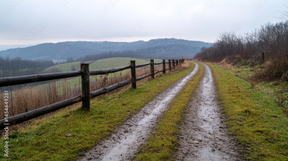 Fototapeta premium Muddy rural path along a wooden fence with hills in the distance under an overcast sky