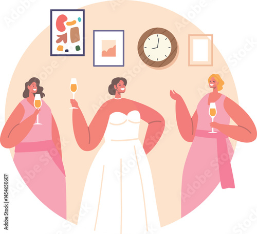 Bride with bridesmaids celebrating marriage