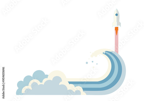 A rocket launches from a wave, symbolizing progress and ambition. Clean, modern design with a bright, energetic feel. Perfect for business and innovation themes.