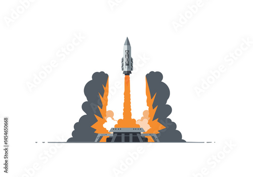 A rocket launches powerfully from a launchpad, creating a dramatic burst of flames and smoke. Modern, flat design illustration.