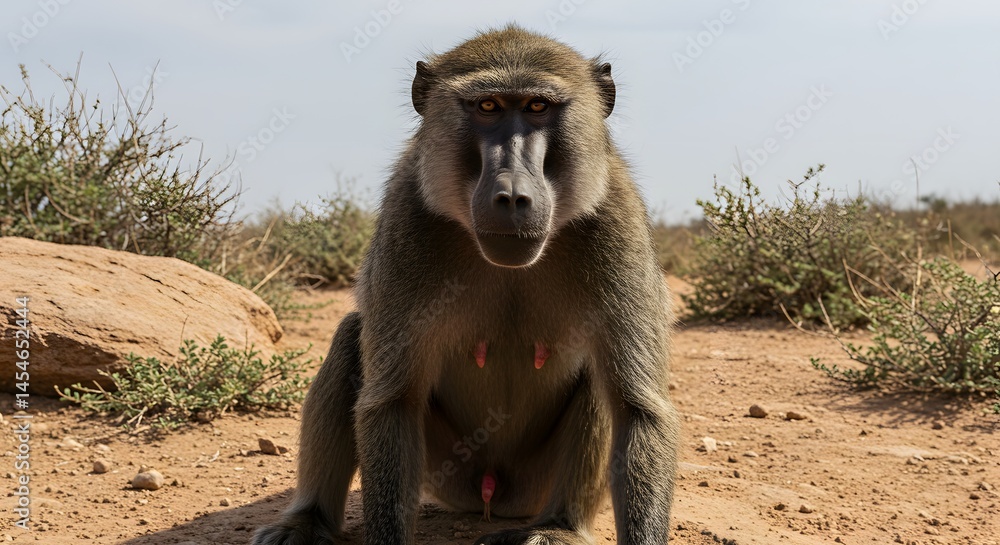Obraz premium Baboon Sitting on Ground in Tanzania