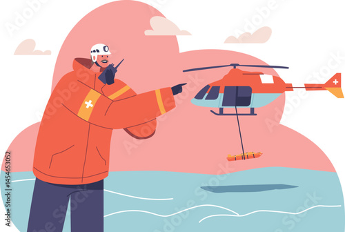 Winter rescue helicopter evacuating victim