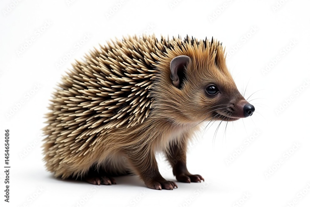 Fototapeta premium Brown hedgehog, standing, looking right, white background , sharp, wild