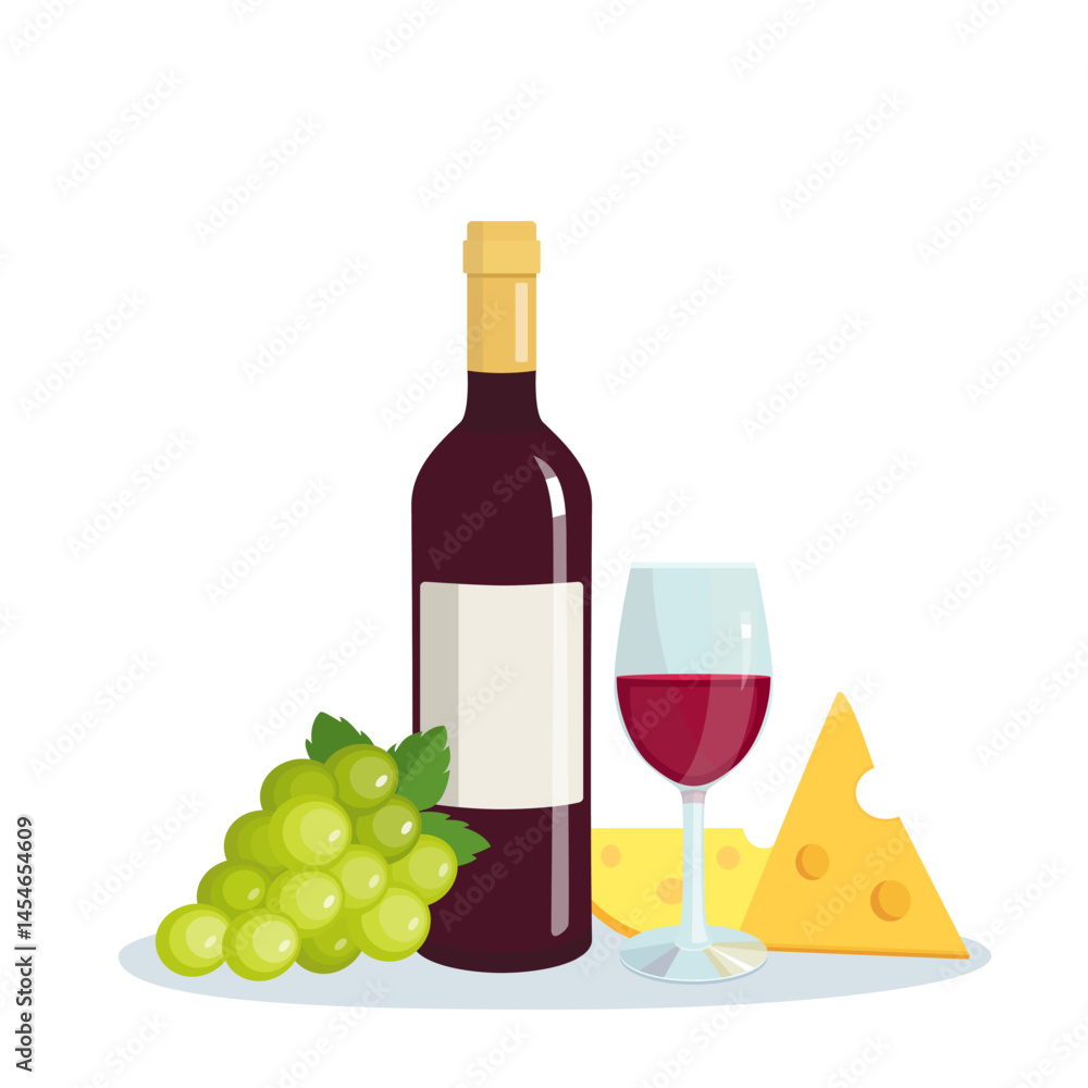 Obraz premium Vector still life with wine, illustration of glass and bottle with red wine, alcoholic drink with grape and cheese in flat style for poster, bar menu print design