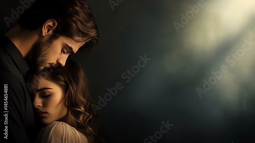 A tender moment between a couple, showcasing affection and intimacy in soft lighting.