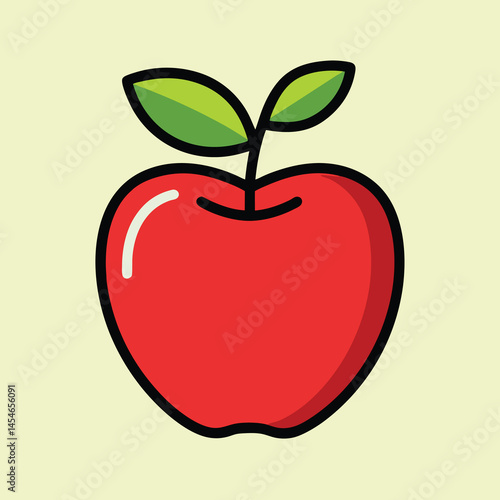 A vibrant red apple with fresh green leaves on a light background