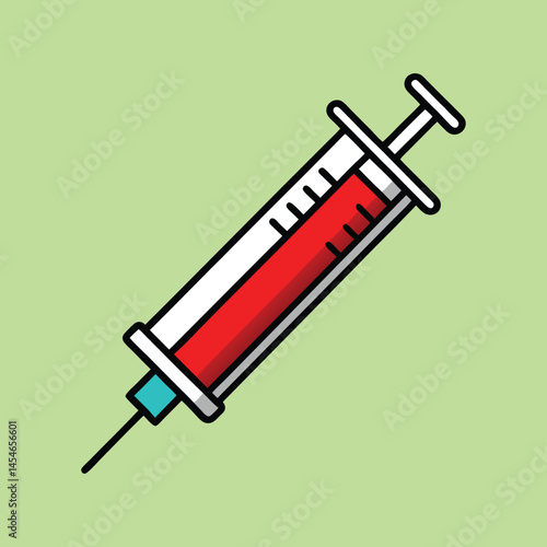 Simple Cartoon Syringe Filled With Red Liquid On A Green Background
