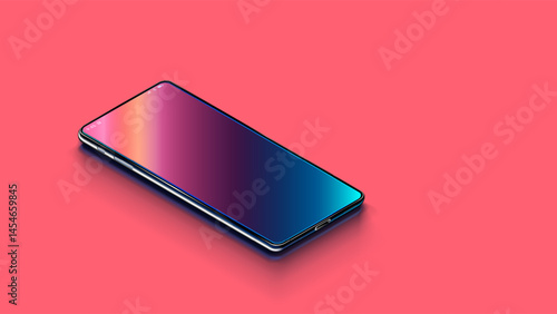 Phone on desk. Modern vector realistic phone on bright coral background in perspective view. Realistic vector illustration isometric phone. New shiny mobile cell smartphone with reflection on screen.
