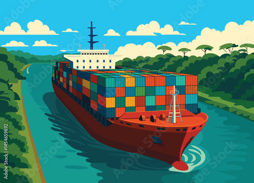 A large container ship navigates the Panama Canal surrounded by nature, representing international trade and global maritime transport.