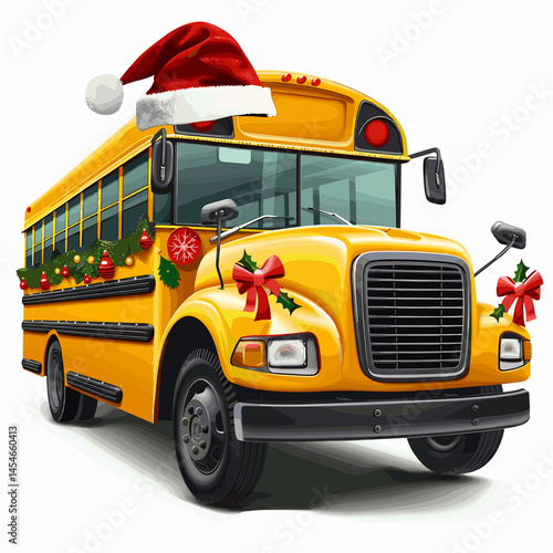 Christmas-themed school bus with decorations and Santa hat