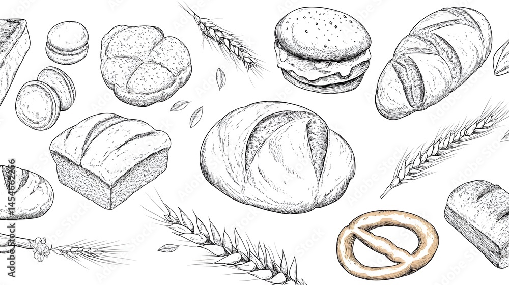 Hand-drawn illustration of various baked goods and grains. Hand-drawn illustration of various baked goods and grains.